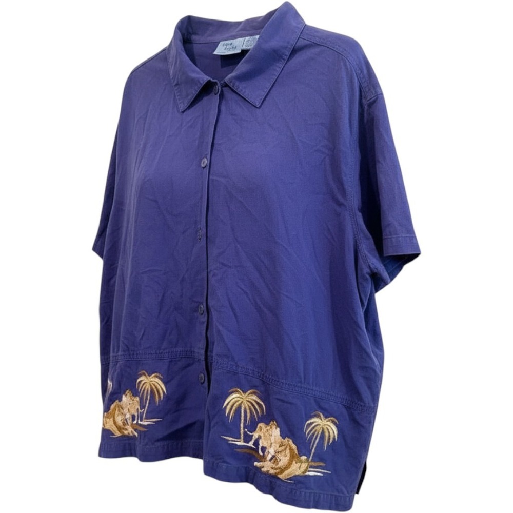 Jane Ashley Woman Purple Tropical Palm Tree Big Cat Cotton Button Down Shirt 3X